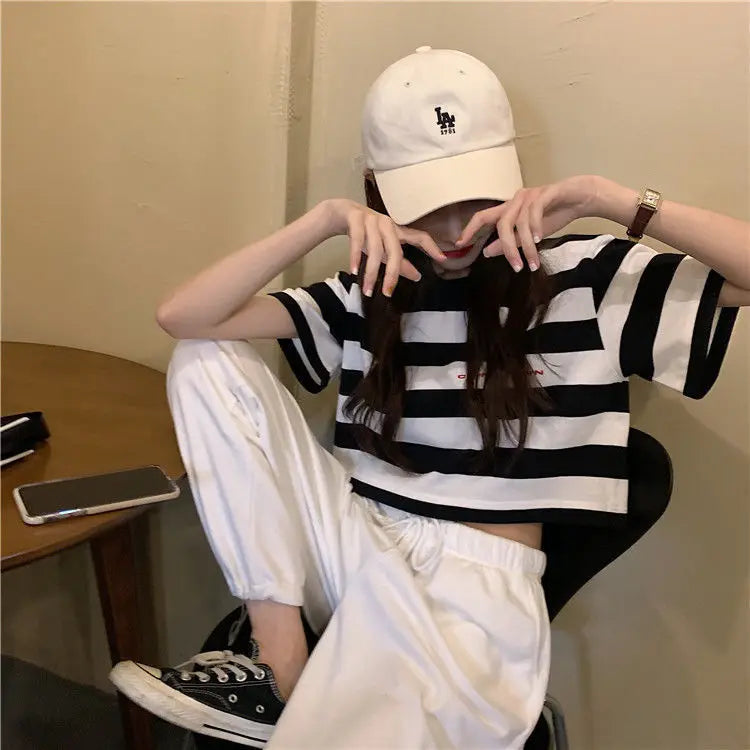 Black White Striped Cropped Top Women Summer New Korean Loose Short-sleeved T-shirt Fashion Egirl Letter Print Oversized Shirt