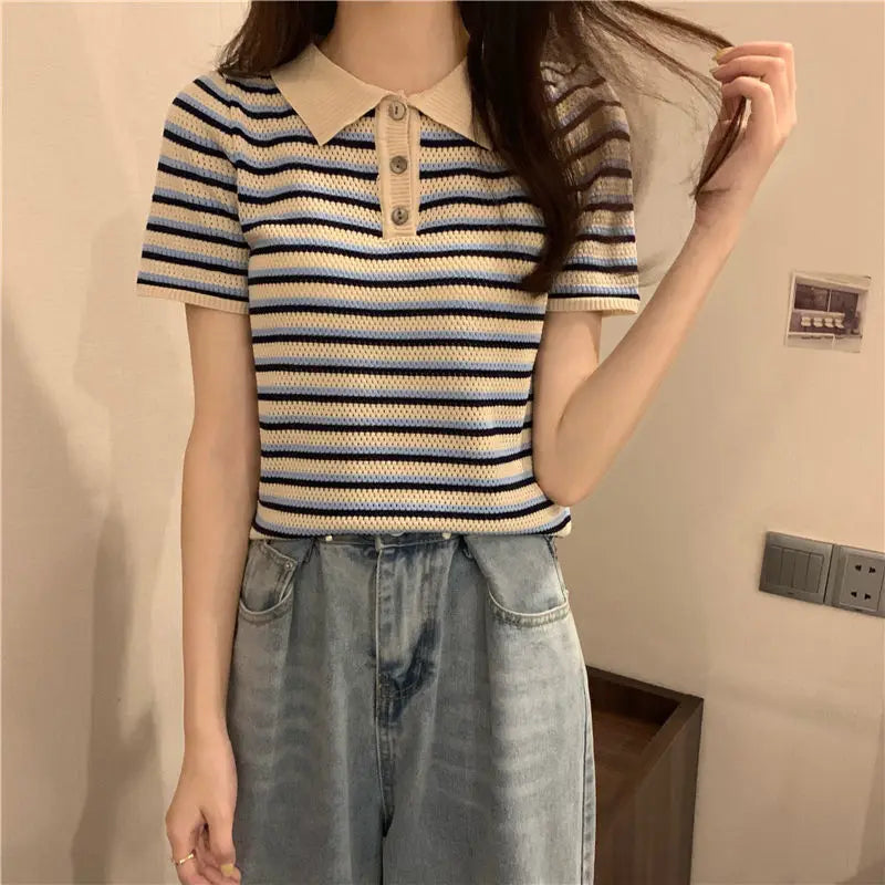 Woman TShirts Top Summer Women's 2021 Striped Knitted Short-Sleeved  Crop Top Mujer Camisetas