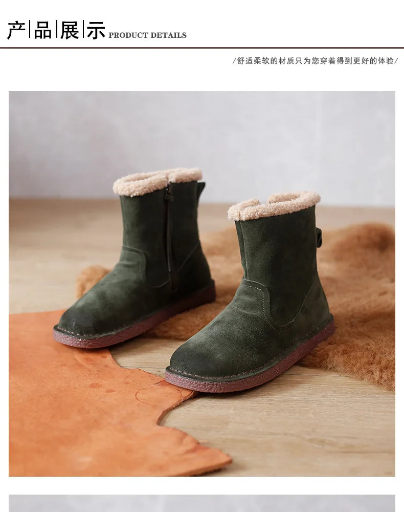 Careaymade-Genuine cow leather Snow cotton round head flats woolen short boots plush warm snow boots Oversized shoes size 35-43