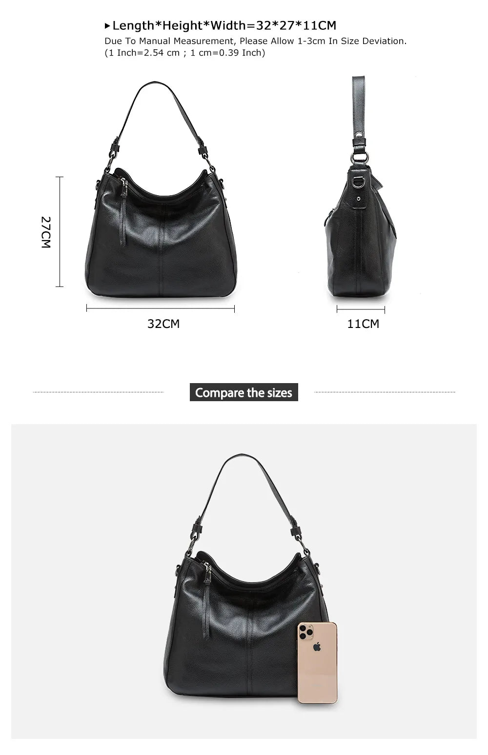 Zency 100% Genuine Leather Elegant Women Shoulder Bag Classic Black Hobos Roomy Casual Tote Handbag Crossbody Messenger Grey