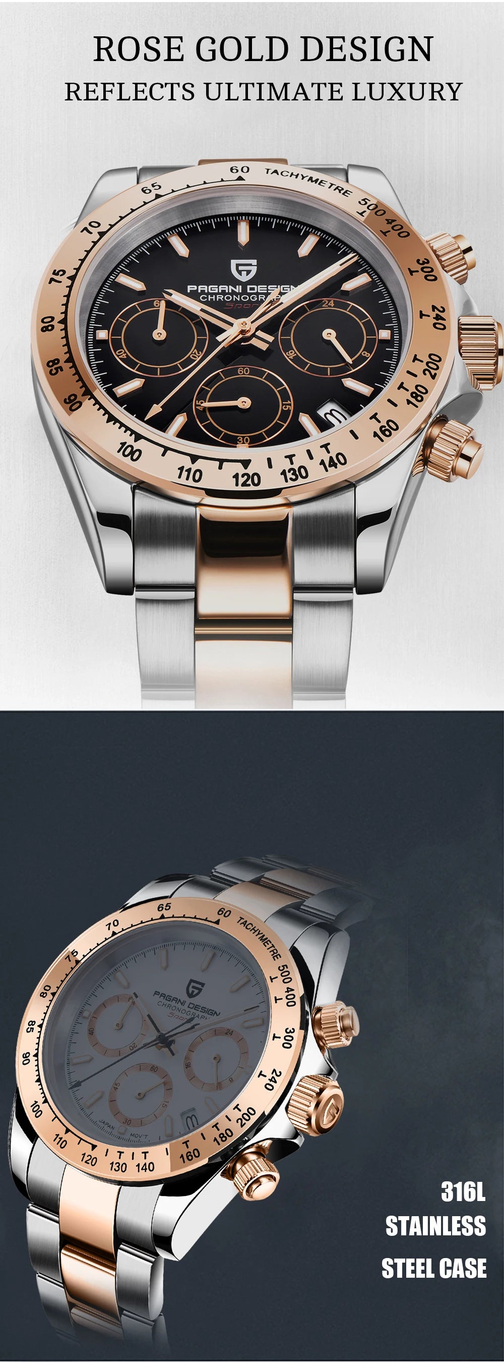 2026 New PAGANI DESIGN Rose Gold Chronograph Men's Watches Luxury Quartz Watch For Men Automatic Date Stainless steel Wristwatch