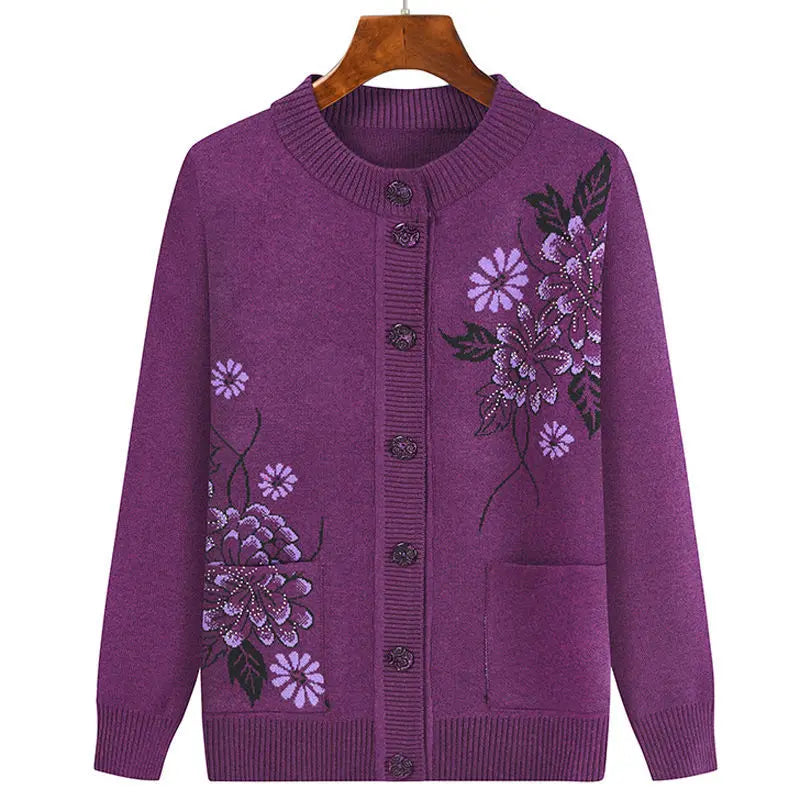 Grandma Embroidered Knit Cardigan Jacket Autumn Winter Loose O Neck Long Sleeve Pocket Sweater Coat Casual Female Outwear Tops