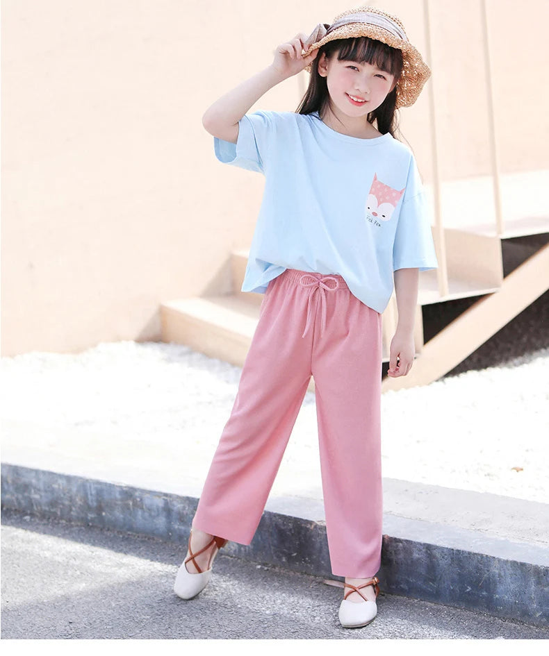 Kids Clothes for Teen Girls Pink Pants 2 To 12 Year Fashion 2022 Summer Green Casual Wide Leg Pants Children Loose Cool Trousers