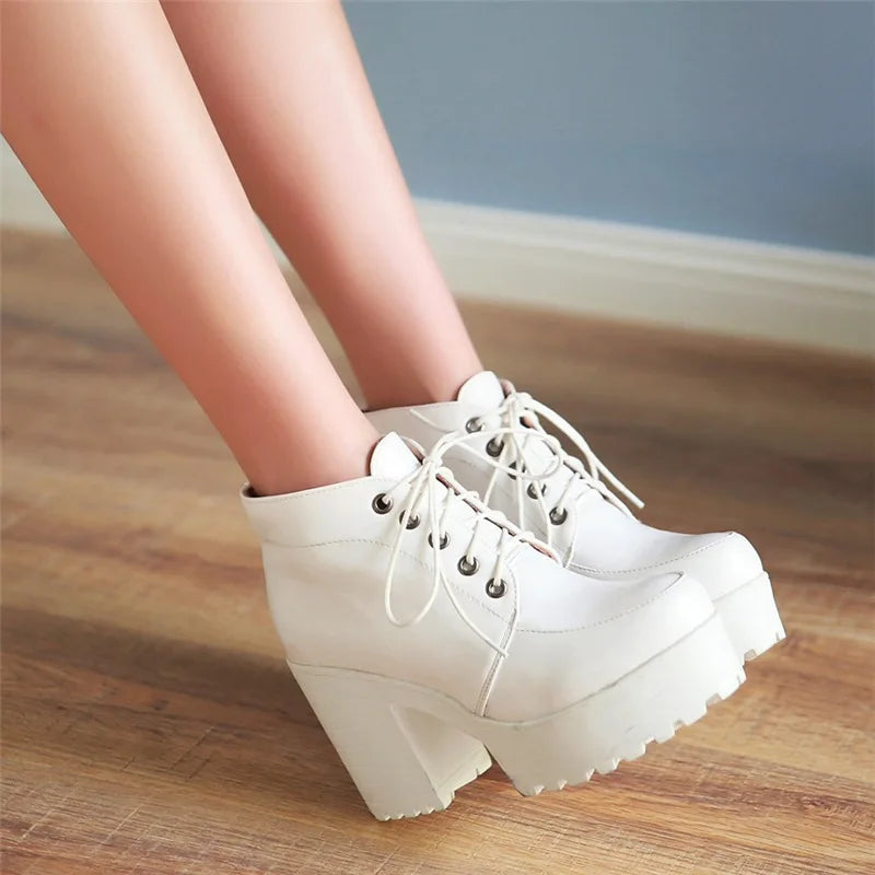 Lace Up Sexy Women's Ankle Boot Spring Autumn Fashion Platform Punk High Heels Black White Red Pumps Autumn Rubber Shoes Woman