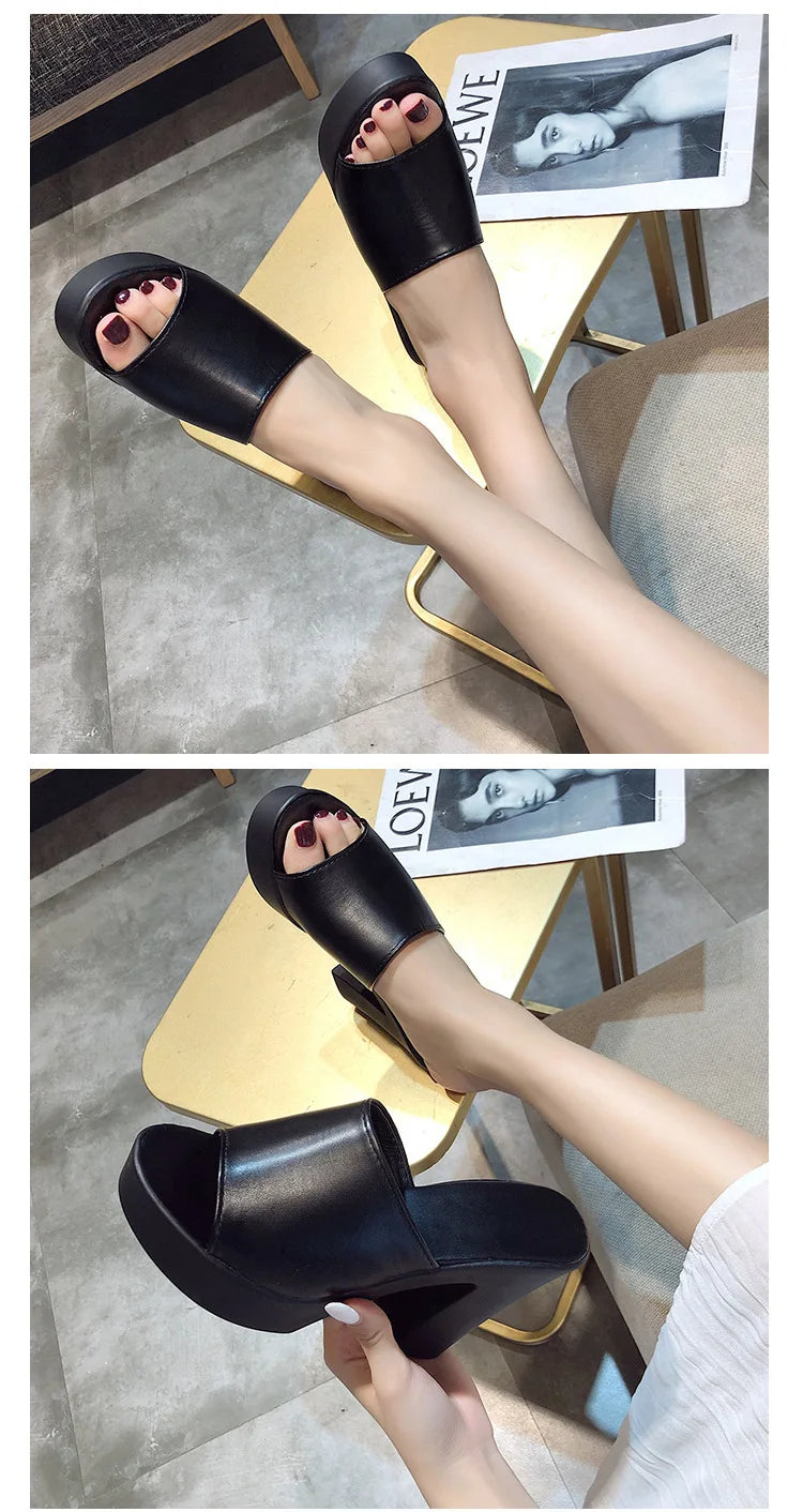 Outdoor White/black square high heels slides mules lady platform peep toe slippers thick bottom shoes brief women summer sandals