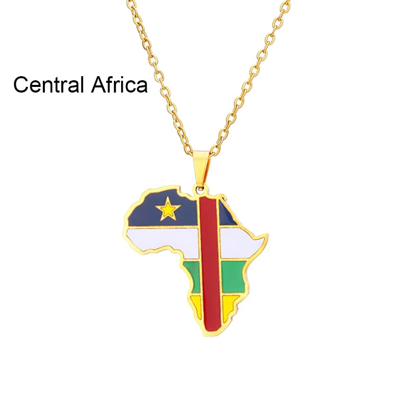 African Map Flag Pendant Necklace Stainless Steel Men Women Rwanda Sudan Uganda Zimbabwe Zambia Ethnic Maps Jewelry Gift