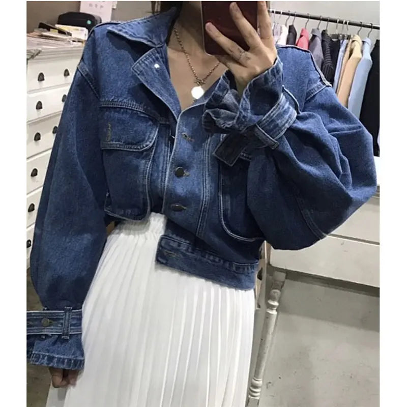 Autumn Denim Jacket Women Chic Casual Boyfriend Style Office Lady Loose Fit Coat