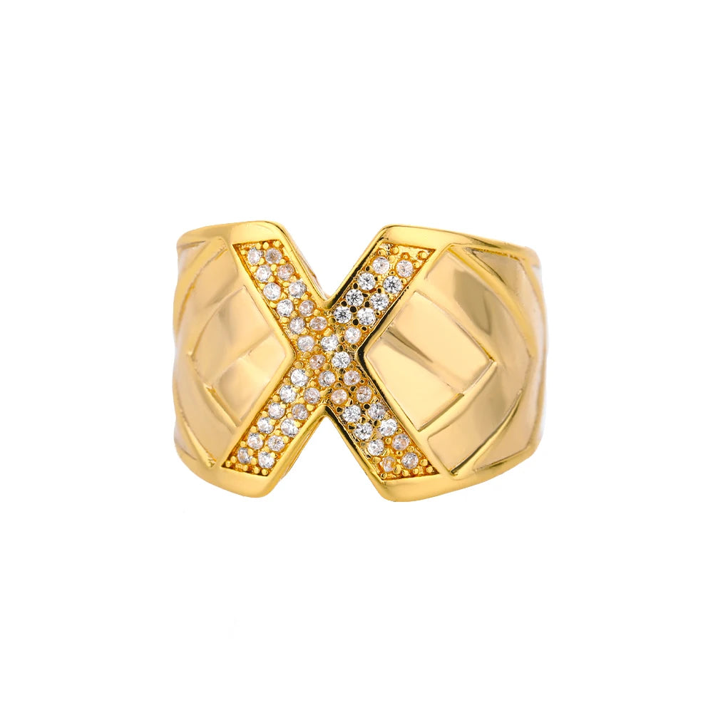 Chunky Zircon Initial Letter Rings For Women Stainless Steel Hip Hop Jewelry
