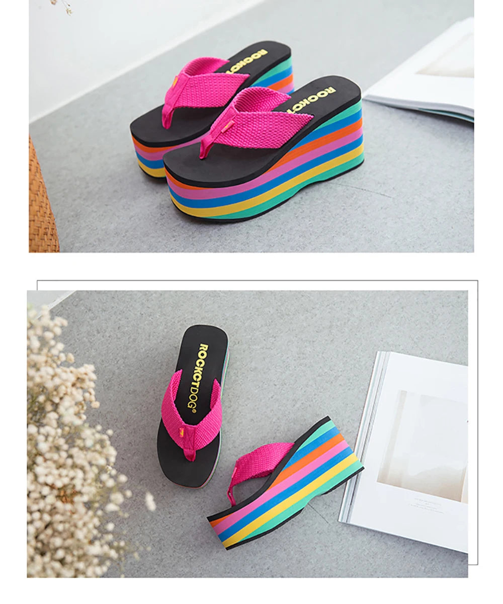 Women Flip Flops Beach Shoes Wedge Sandals Super High 10CM Heels Casual Peep Toe Platform Slippers Rainbow Summer Woman Slippers