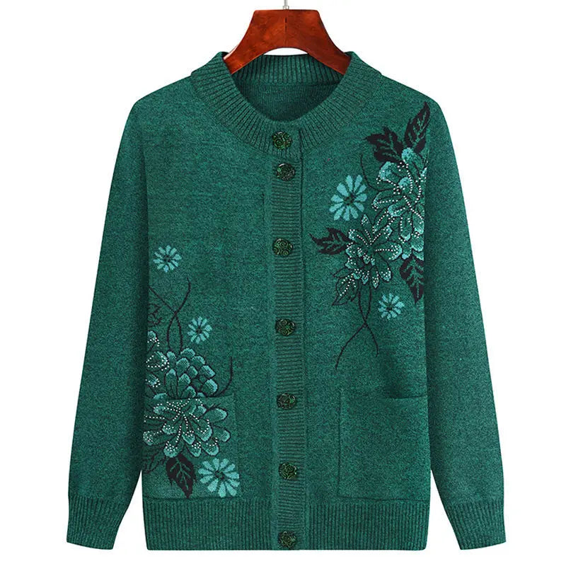 Grandma Embroidered Knit Cardigan Jacket Autumn Winter Loose O Neck Long Sleeve Pocket Sweater Coat Casual Female Outwear Tops