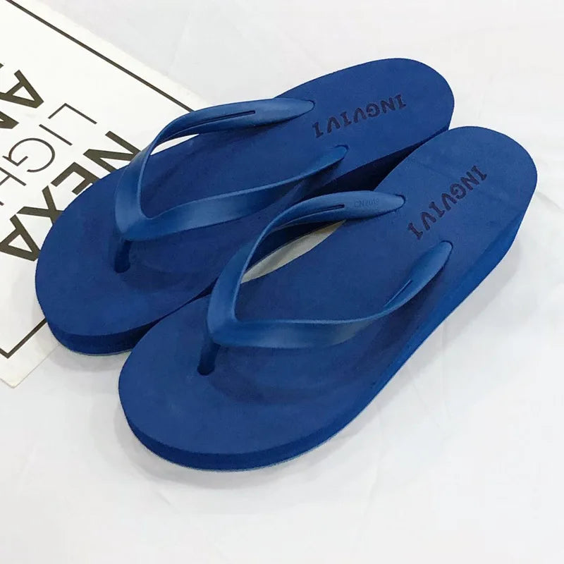 EOFK Women Flip Flops Wedges Casual Shinny Beach 3.5 Cm Height PVC Solid Summer Outside Slippers Soft Shoes