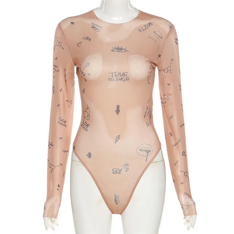 Women Slim Fit O Neck Mesh Bodysuit Long Sleeve Polyester Elastane Party Wear