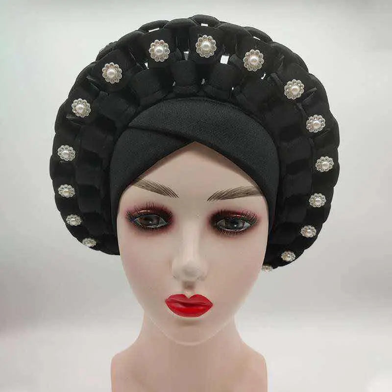 2022 Fashion African Turbans for Women Ready to Wear Auto Gele Headties Nigerian Aso Oke Head Wraps for Traditional Wedding