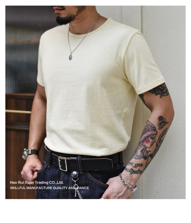 Saucezhan Tops & Tees Men's T-shirt Summer Short Sleeve 5 Colors Pure Cotton  Anti-deformation Double-woven fabric 340g