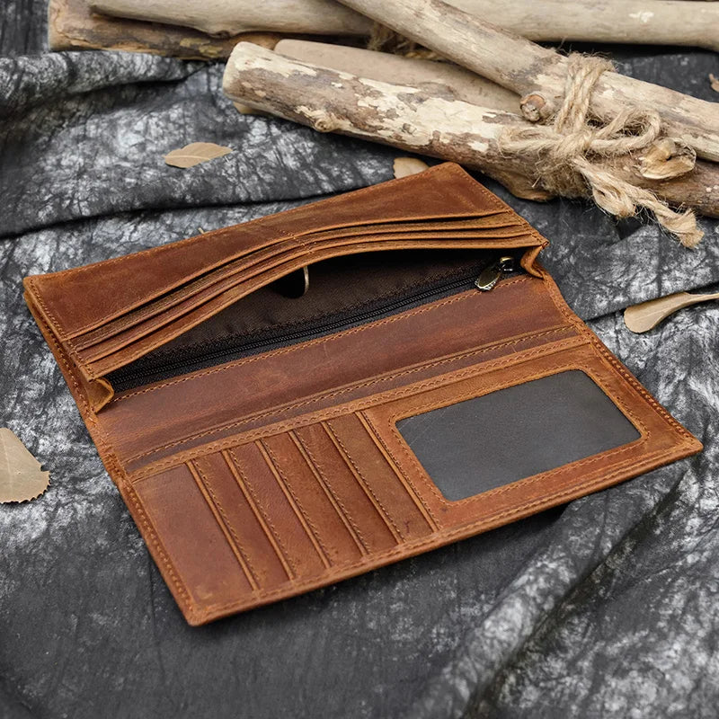 Men's Crazy Horse Leather Long Wallet Brown Real leather Trifold clutch snap purse Hasp purse with Phone pocket and coin pocket