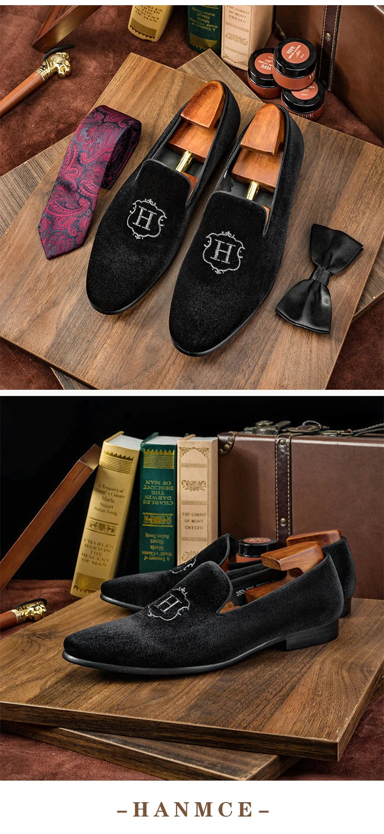 Hanmce 2025 New Design Fashion Velvet Material Slip On Luxury Hand Made Smoking Men Shoes