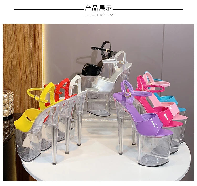 Summer Sandalias Mujer 2024 Sandales Sexy 20cm High Heels Patent Leather Crystal Stripper Platform Heels Women Shoes