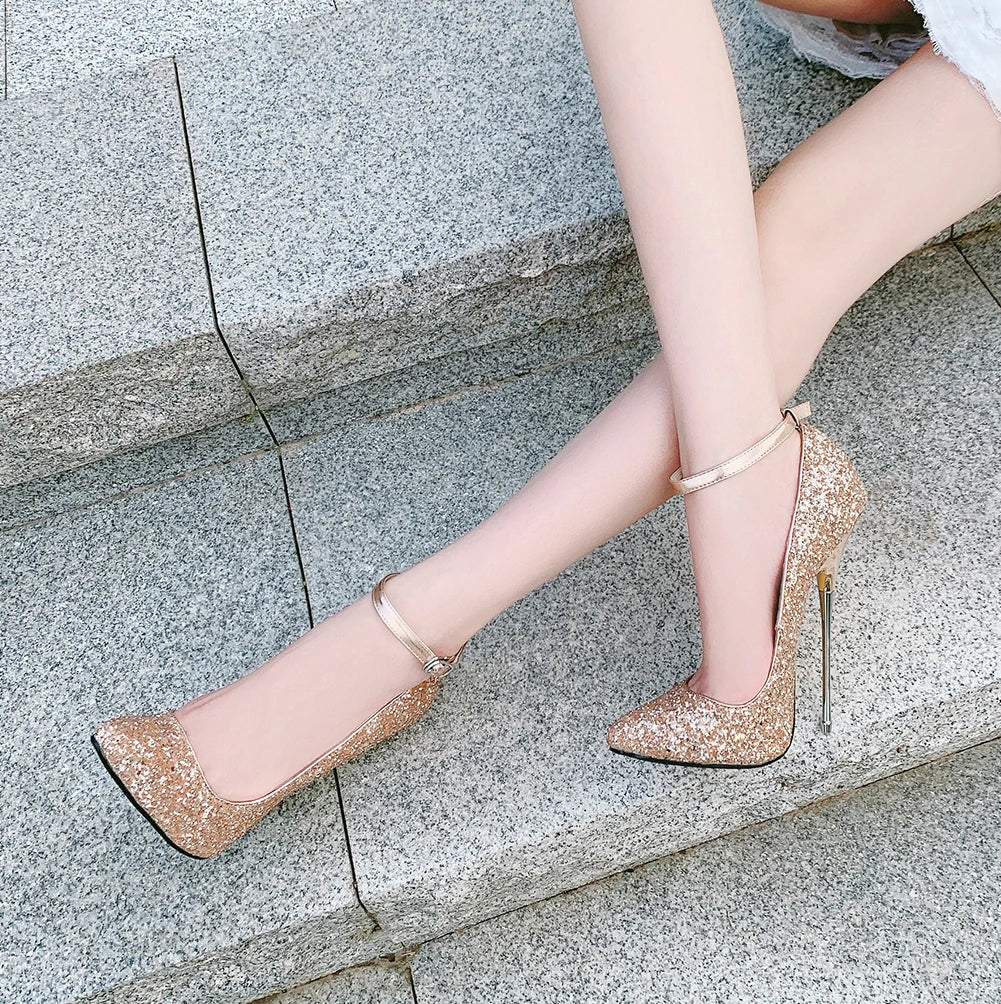 LLXF Spring 16cm Thin High Heels Shoes Woman Bling Pumps Sexy Nightclub Light Mouth Dance Pointed Toe Stilettos US11 12 13 14 15