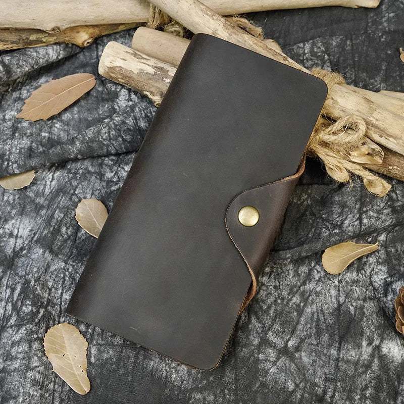 Men's Crazy Horse Leather Long Wallet Brown Real leather Trifold clutch snap purse Hasp purse with Phone pocket and coin pocket
