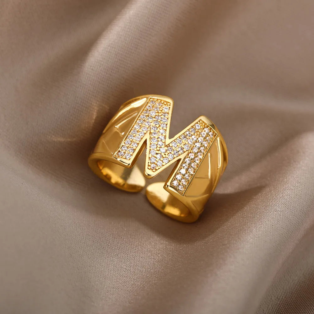 Chunky Zircon Initial Letter Rings For Women Stainless Steel Hip Hop Jewelry