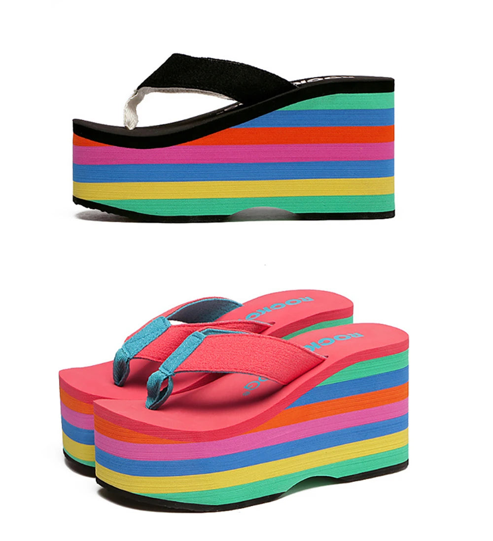 Women Flip Flops Beach Shoes Wedge Sandals Super High 10CM Heels Casual Peep Toe Platform Slippers Rainbow Summer Woman Slippers
