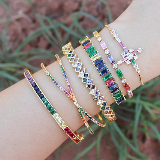 18K Gold Plated baguette Cubic Zirconia Bracelet For Women Men Luxury Jewelry Rainbow CZ Tennis Gorgeous Trendy Bangle Girl Gift