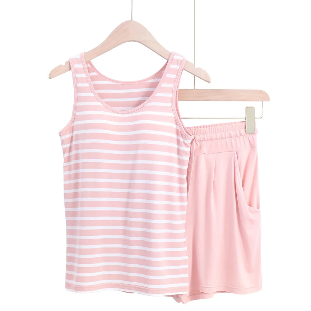 Summer Styles Sleepwear Set New Sleeveless Shorts Sexy Pajama Set Cute Women's Home Wear Striped Pyjamas With Chest Pad