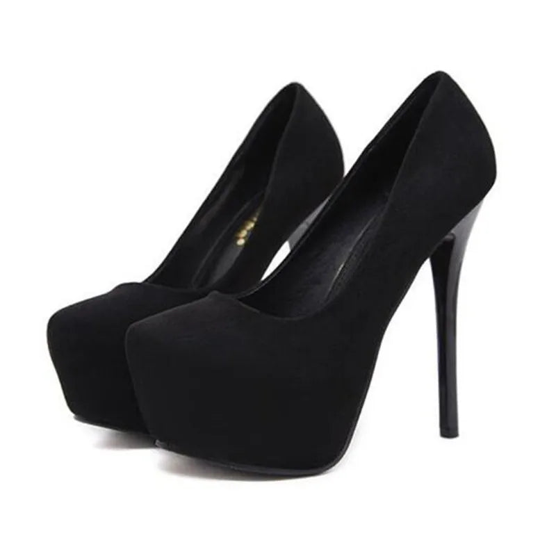 Women's Super High Heels Flock Platform Pumps Night Club Sexy Thin Heel plus Size Big Footwear 14cm