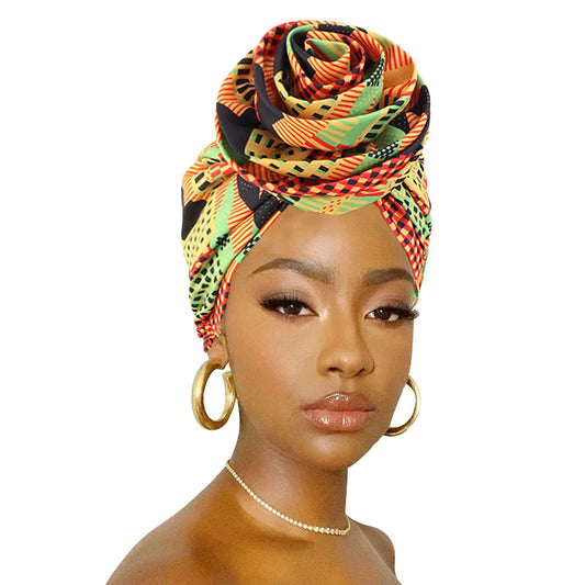 African Print Stretch Bandana Head Wrap Long Scarf Satin Floral Ankara Dashiki Women Party Turban Headwear Cap Hair Accessories