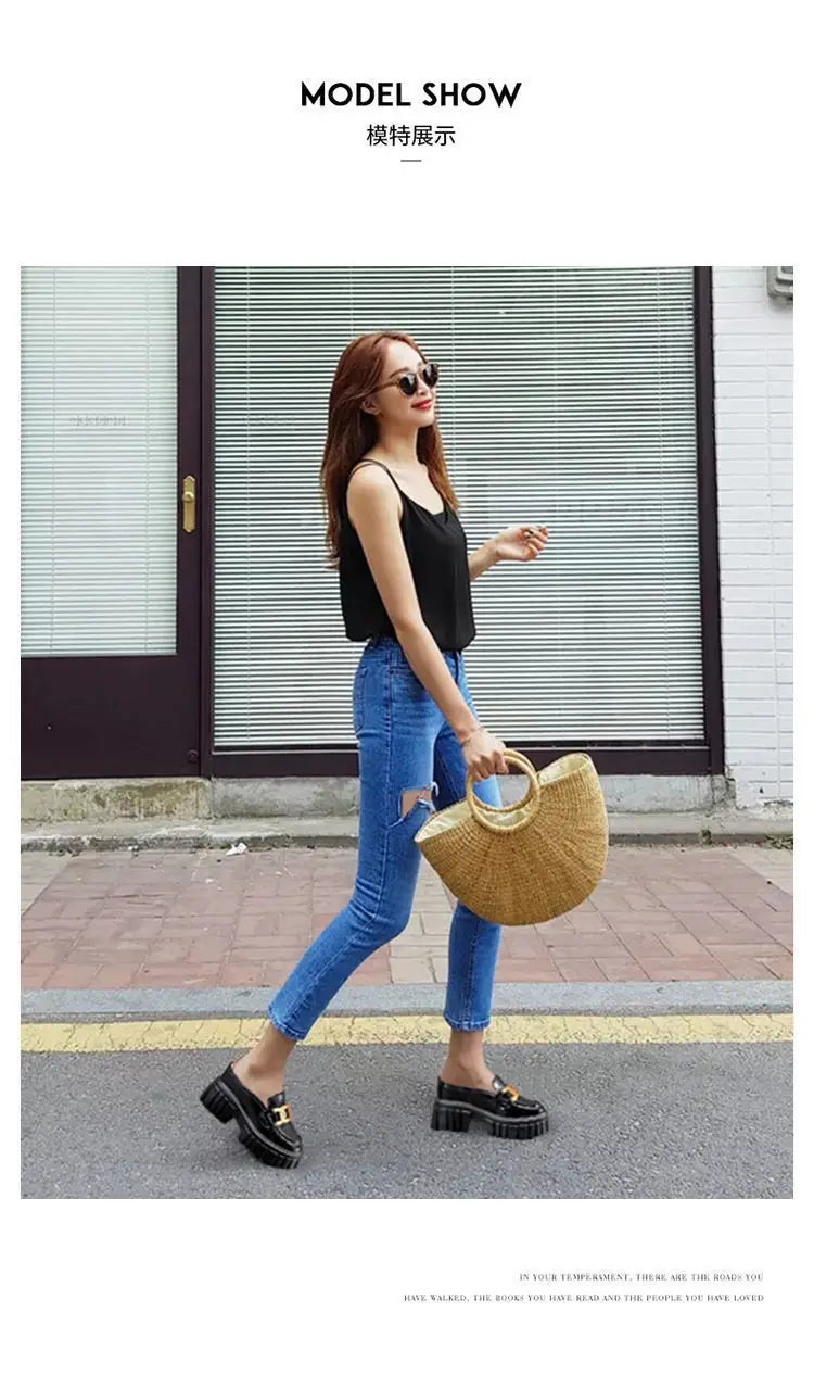 Leather Closed Toe Half Slippers Women Summer 2023 New Fashion Thick Bottom Internet Celebrity Lazy Sandals Shoes Women