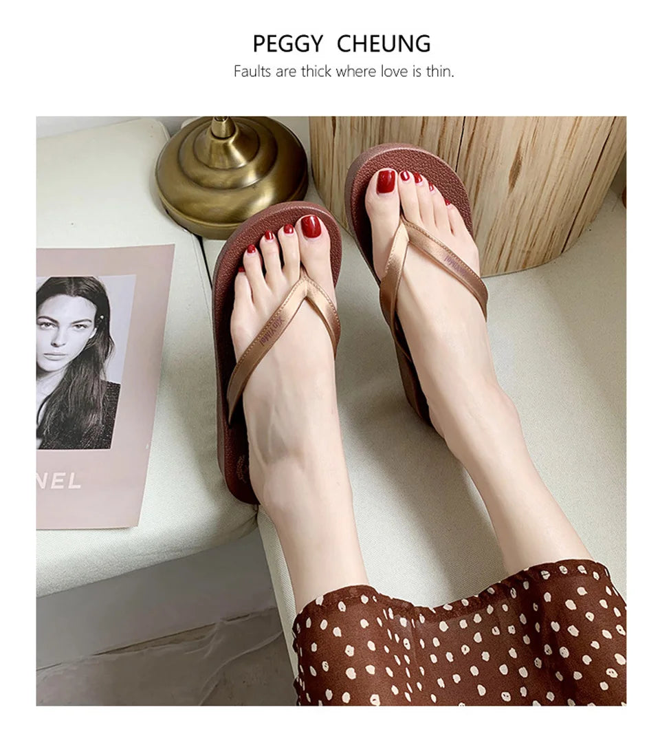 EOFK Women Flip Flops Wedges Casual Shinny Beach 3.5 Cm Height PVC Solid Summer Outside Slippers Soft Shoes