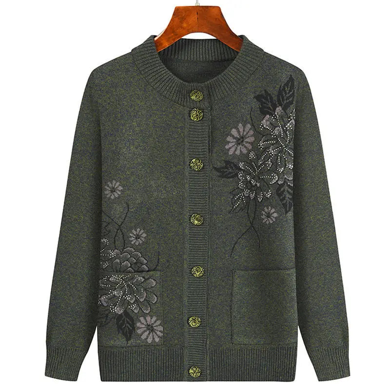 Grandma Embroidered Knit Cardigan Jacket Autumn Winter Loose O Neck Long Sleeve Pocket Sweater Coat Casual Female Outwear Tops