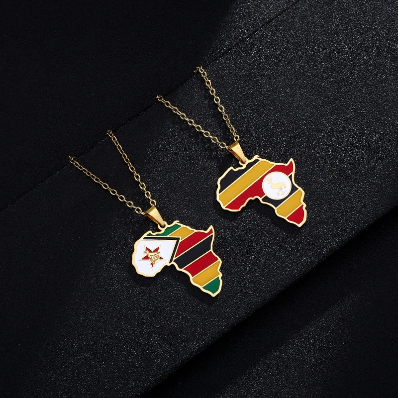African Map Flag Pendant Necklace Stainless Steel Men Women Rwanda Sudan Uganda Zimbabwe Zambia Ethnic Maps Jewelry Gift