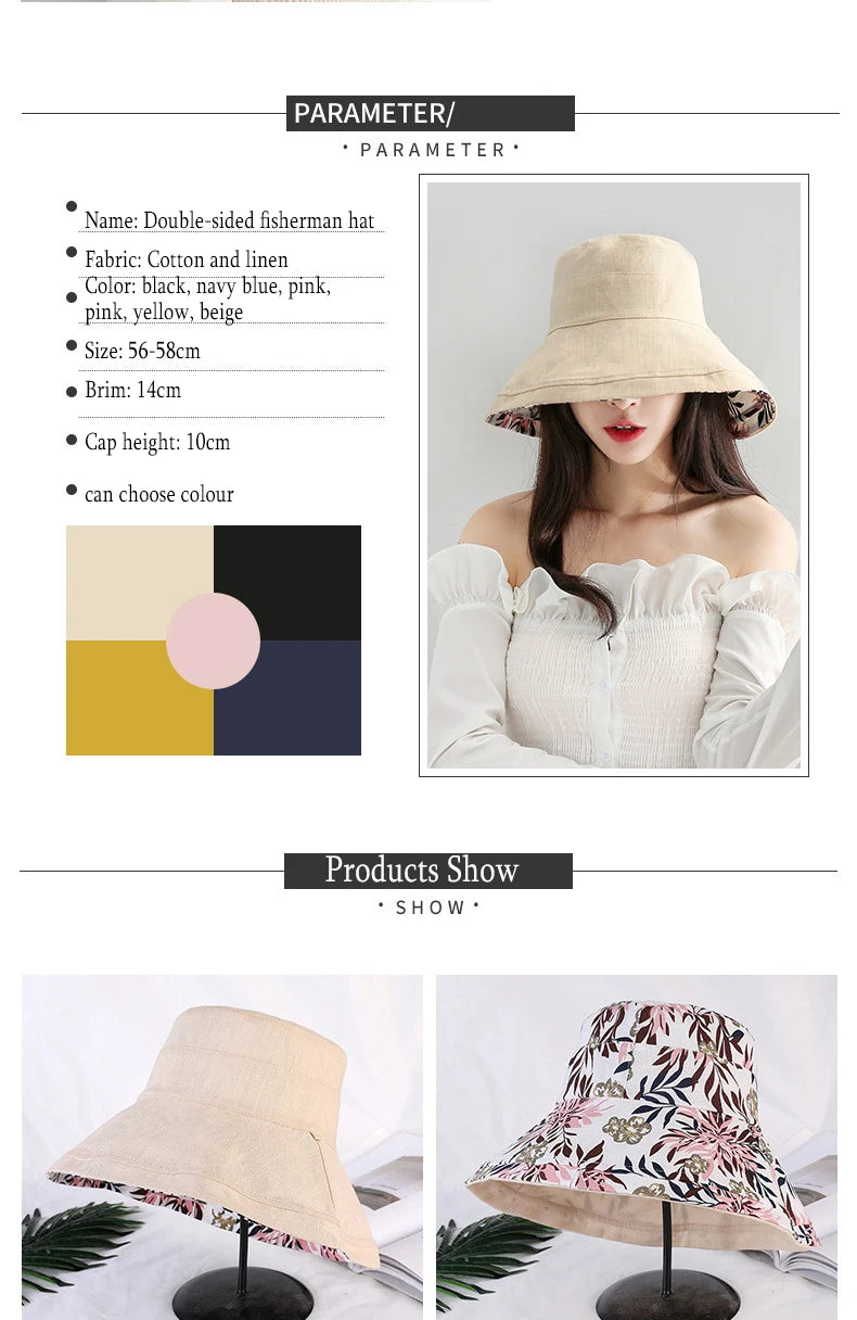 K34 Women's Hat Bucket hat Panamanian Women  Four Seasons Fisherman Hat Big Brim Hat Double-Sided Fisherman Hat Sun Visor Sunhat