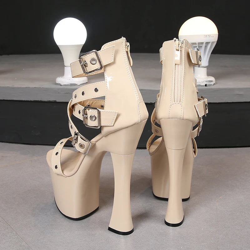 Summer Night Club Women Rivets Sandals 2021 New Thick High Heel Platform Lady Open Toe High Heels Fashion Belt Buckle Zip Shoes