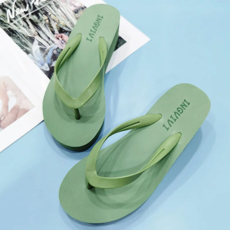 EOFK Women Flip Flops Wedges Casual Shinny Beach 3.5 Cm Height PVC Solid Summer Outside Slippers Soft Shoes