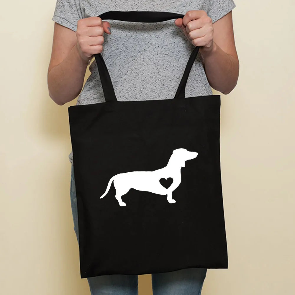Cute Dog Harajuku Fashion Shopping Black Bags Canvas Tote Bag Bulldog Mom Dachshund Reusable Cloth Bag Handbag Shoulder Bags