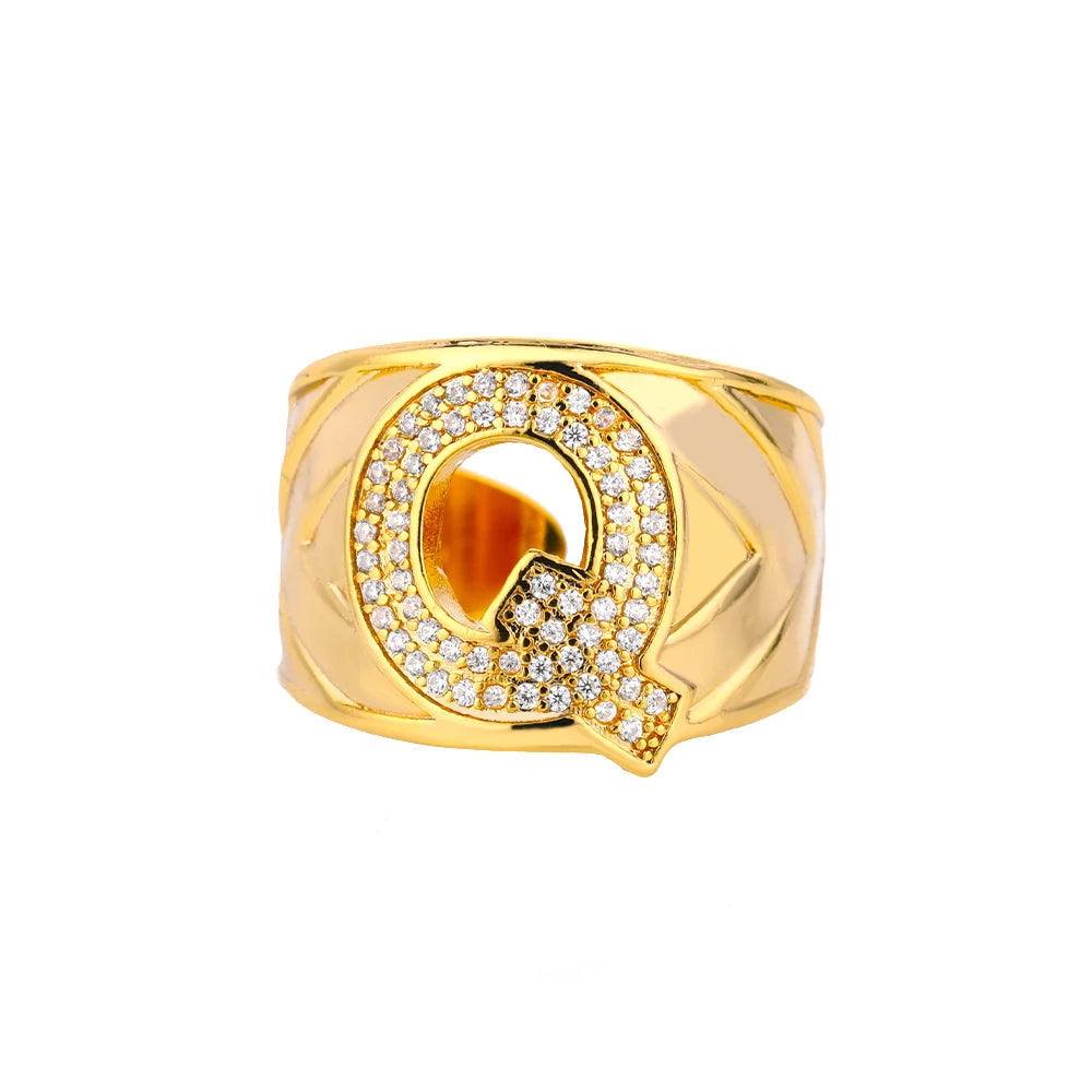 Chunky Zircon Initial Letter Rings For Women Stainless Steel Hip Hop Jewelry