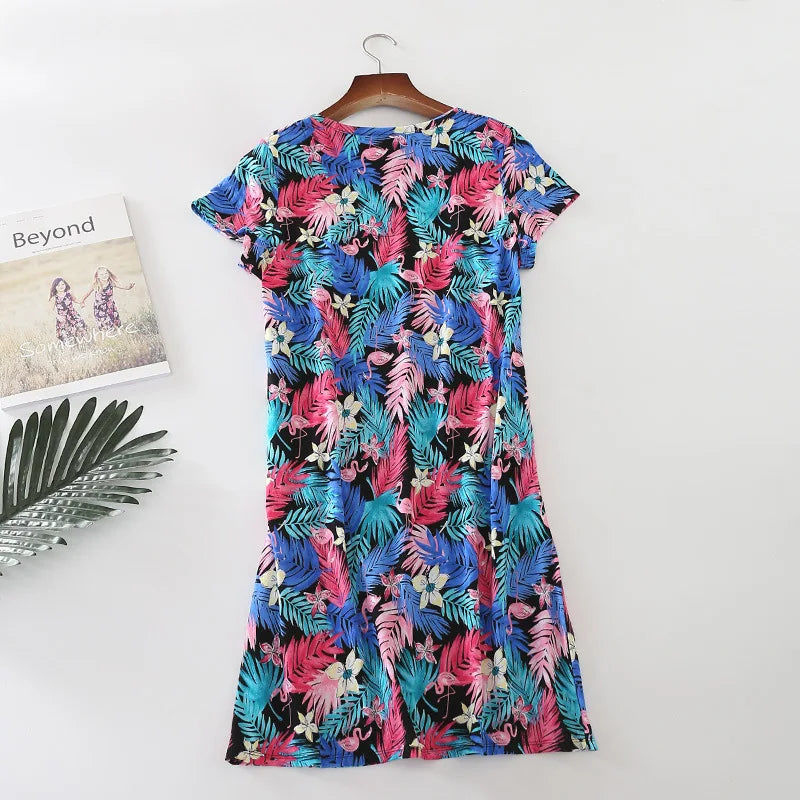 Summer Women Casual Cartoon Sleep Dress 100% Cotton Nightgown Plus Size Dresses Women Chemise de nuit Short Sleeve Home Dress