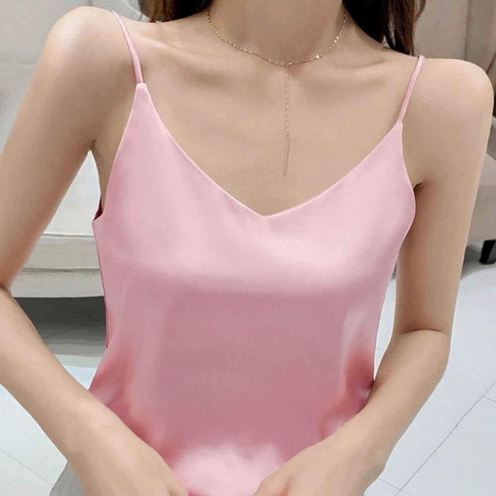 Casual V-Neck Sexy Solid Satin Woman Camis Tank Tops Chiffon Sleeveless Camisole Top Halter Camis Tops