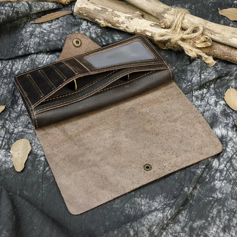 Men's Crazy Horse Leather Long Wallet Brown Real leather Trifold clutch snap purse Hasp purse with Phone pocket and coin pocket