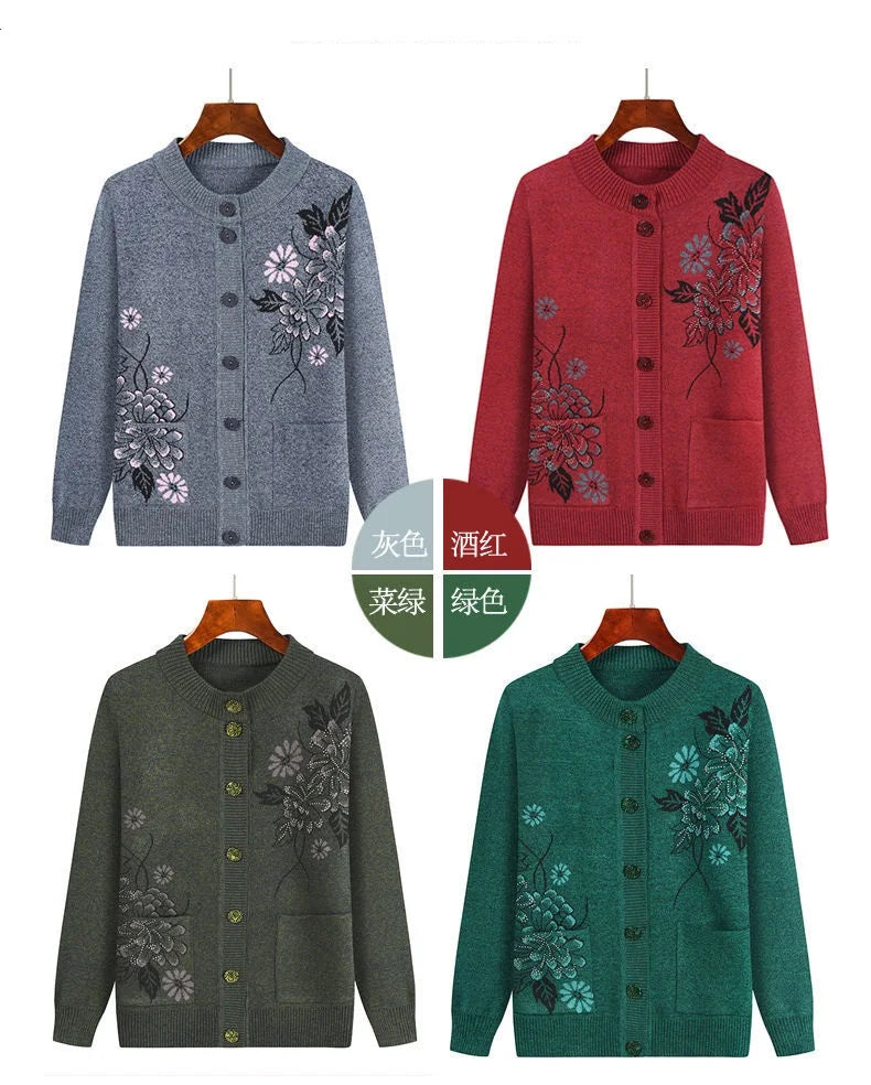 Grandma Embroidered Knit Cardigan Jacket Autumn Winter Loose O Neck Long Sleeve Pocket Sweater Coat Casual Female Outwear Tops