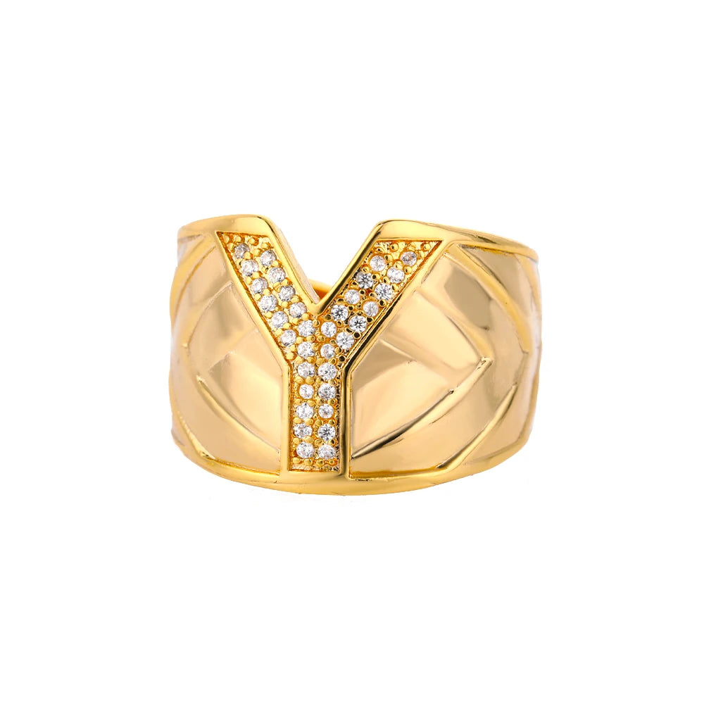 Chunky Zircon Initial Letter Rings For Women Stainless Steel Hip Hop Jewelry