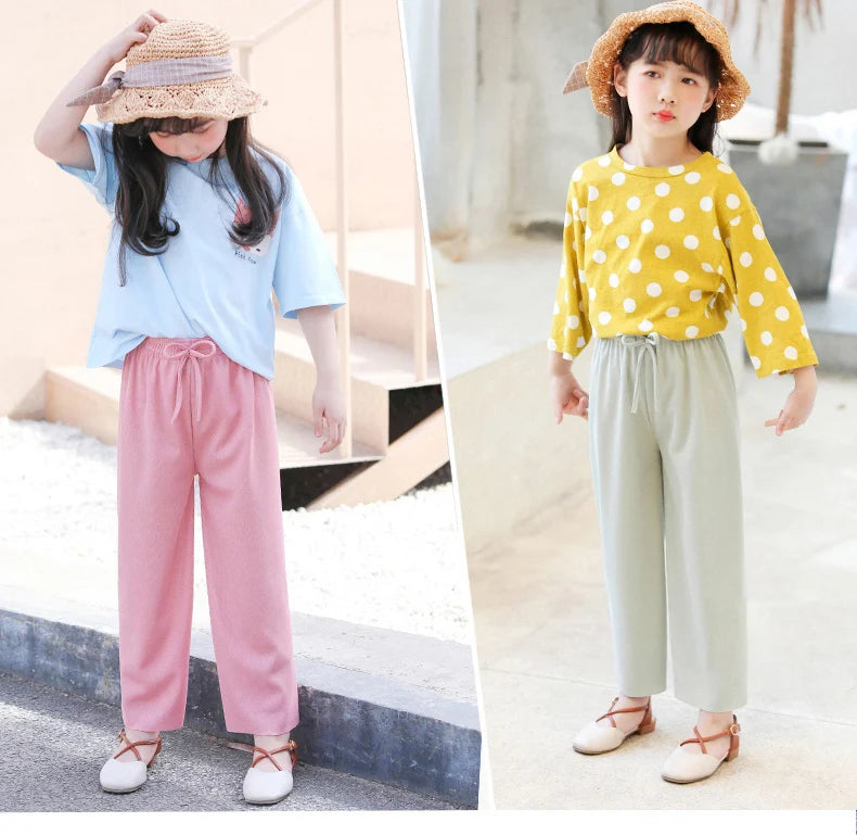 Kids Clothes for Teen Girls Pink Pants 2 To 12 Year Fashion 2022 Summer Green Casual Wide Leg Pants Children Loose Cool Trousers