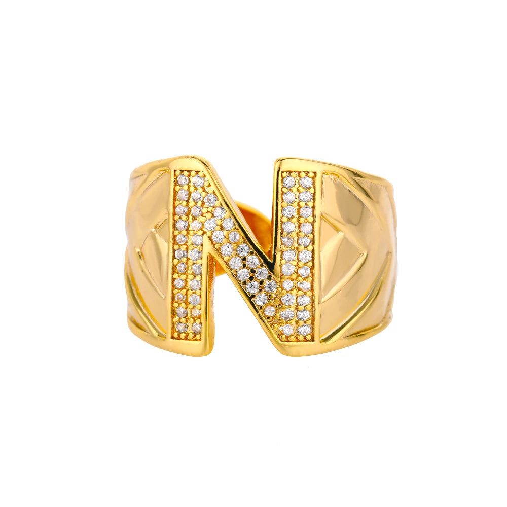 Chunky Zircon Initial Letter Rings For Women Stainless Steel Hip Hop Jewelry