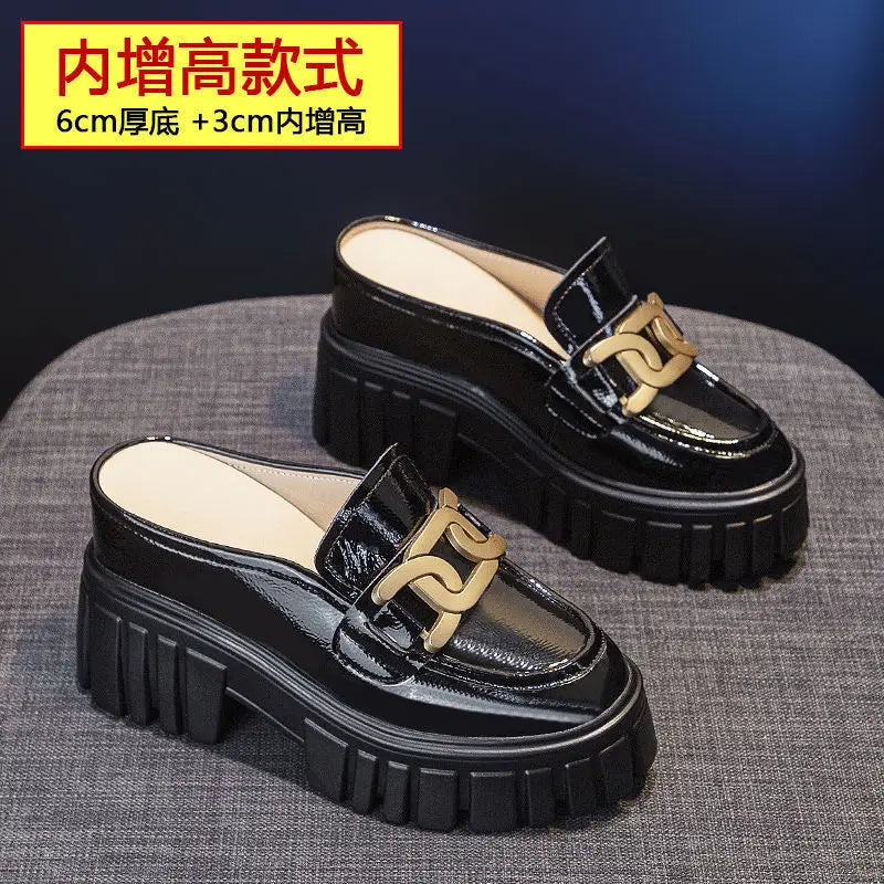 Leather Closed Toe Half Slippers Women Summer 2023 New Fashion Thick Bottom Internet Celebrity Lazy Sandals Shoes Women