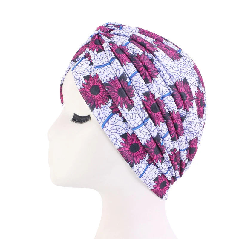 2022 New Print African Headtie Turban Cap Soft Stretch Twisted Pleated Beanie Head Wrap for Women Chemo Bonnet