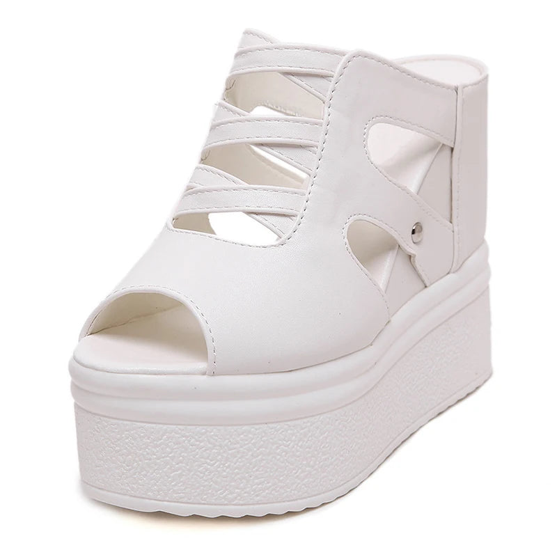 Gdgydh Open Toe Platform Mules Sandals Wedges Shoes For Women American High Heels Hollow Out Black Vegan Leather Backless