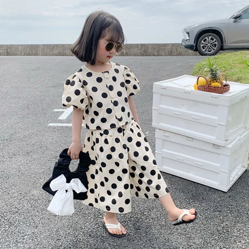 Summer Girls' Clothing Sets Fashion Single-breasted Polka Dot Girls' Shirt Top+Culottes Baby Kids Clothes Suit Children Clothing