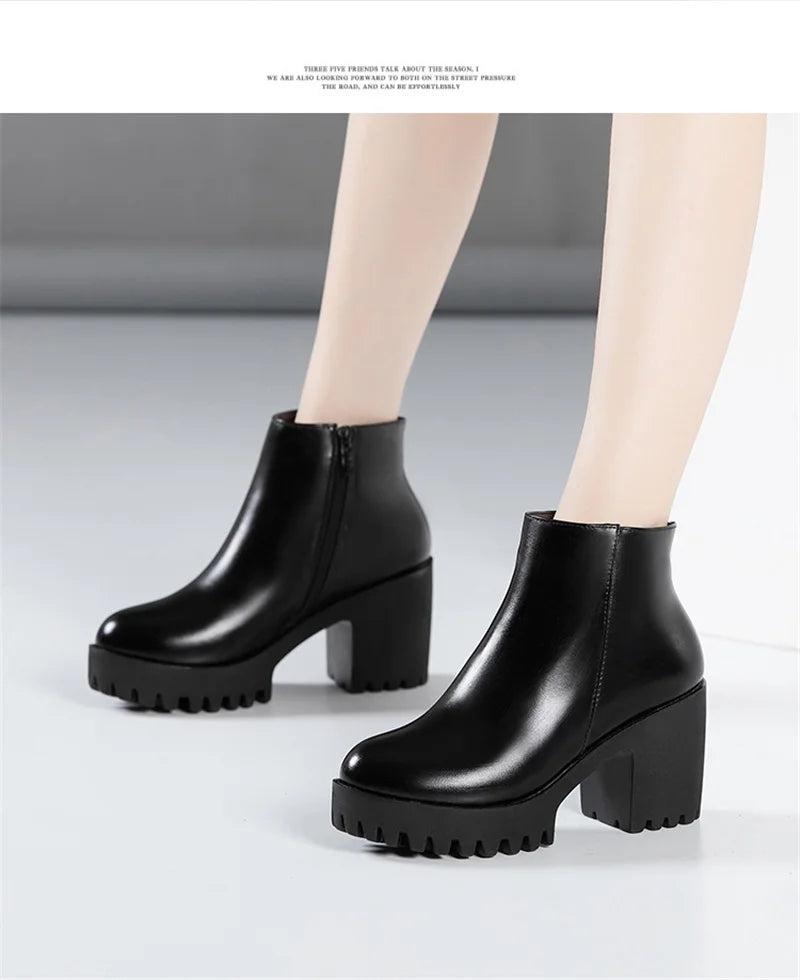 BEYARNE Small Size 32 -43 Block Heel Platform Shoes Fall Winter  OL Elegant High Heels Ankle Boots Women Warm Plush Boot